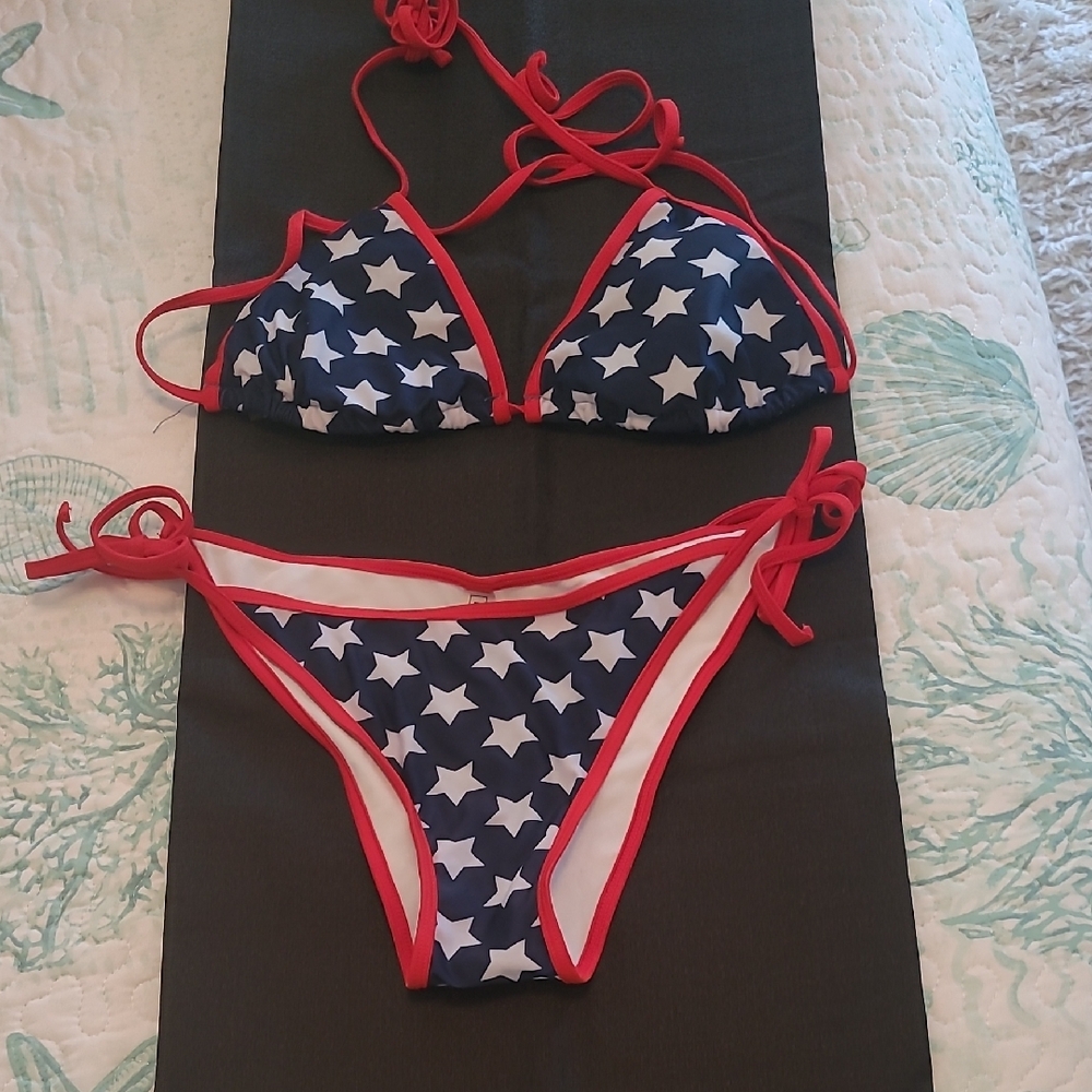 Star Pattern Bikini with Red Trim